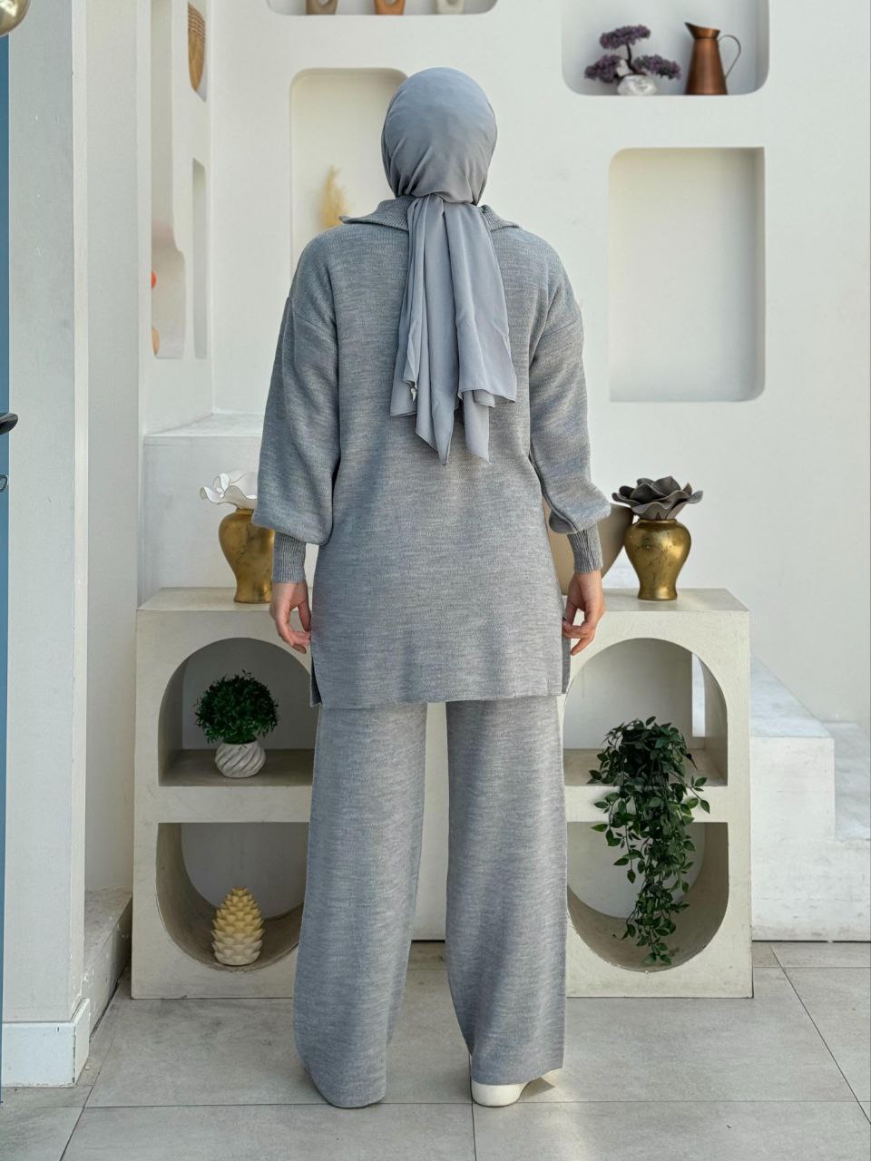 Zippered Collar Tunic and Trousers Double Knitwear Set 2-1535