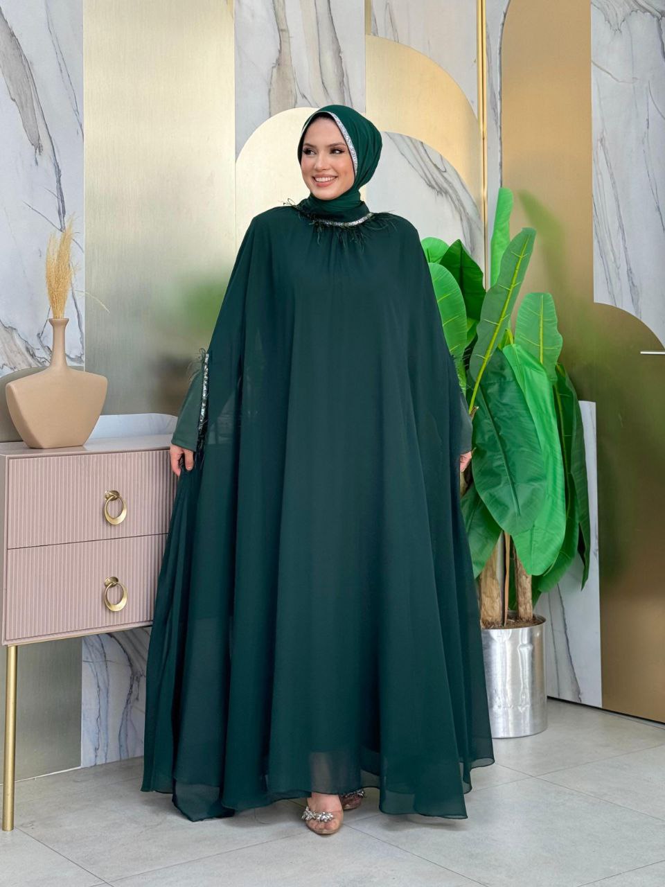 Tassel Collar Stone Detailed Abaya Dress Set 8494