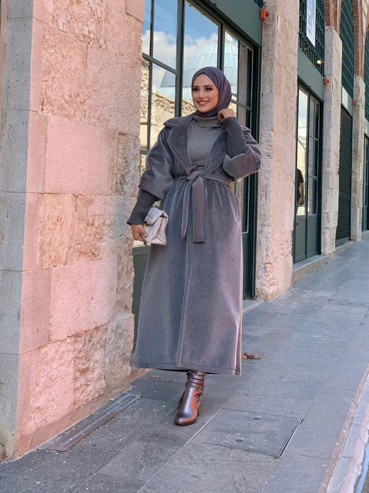 Waist Belted Collar Stone Bronch Detailed Long Coat 7923