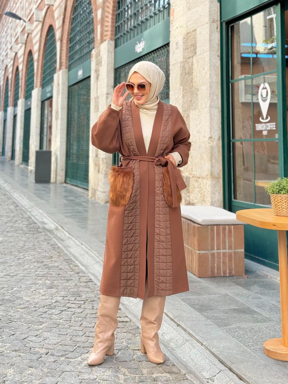 Furry Pocket Detailed Waist Belted Coat 7865