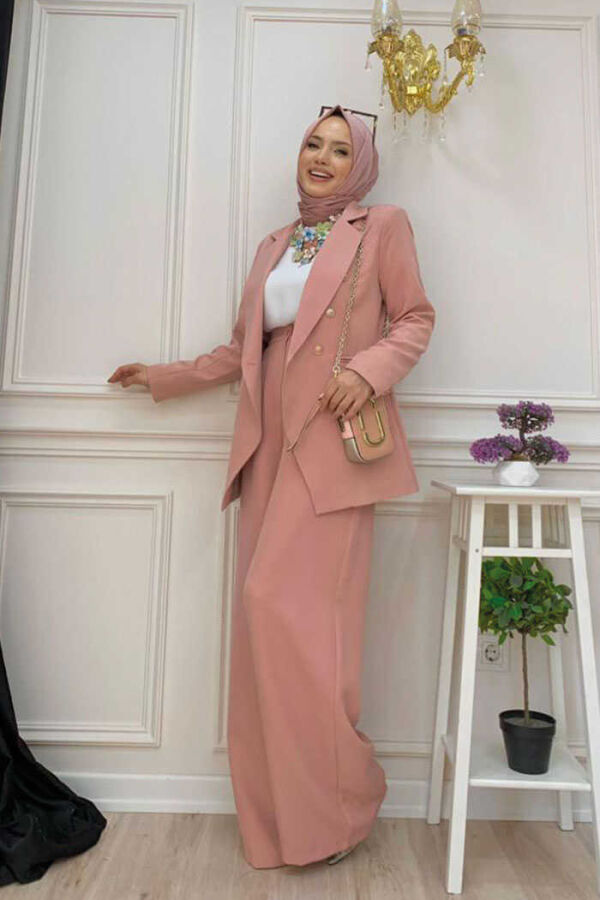 Button Detail Blazer Jacket Wide Trousers Set 8302