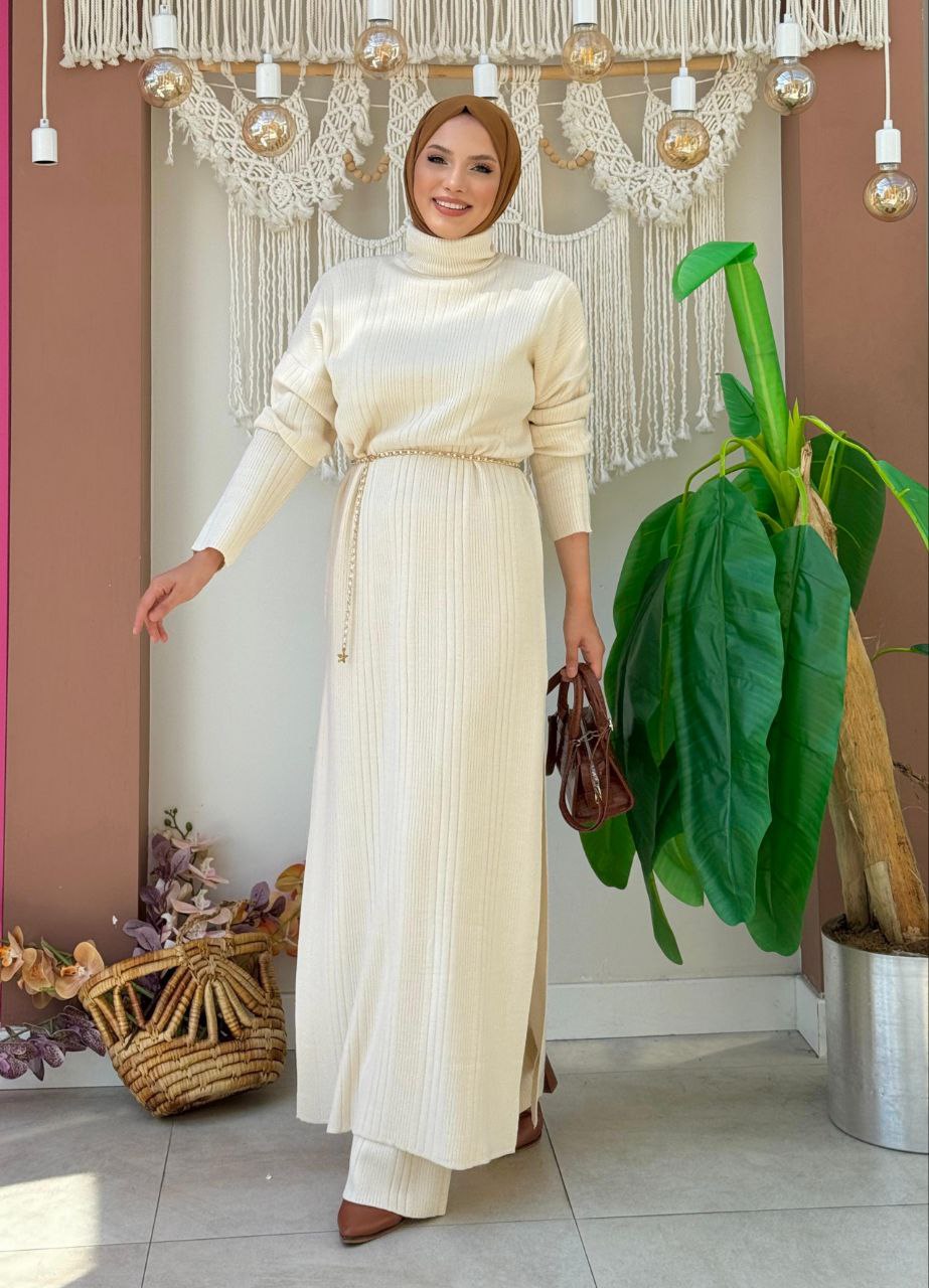 Turtleneck Slit Long Tunic and Trousers Double Knitwear Set 2-6001