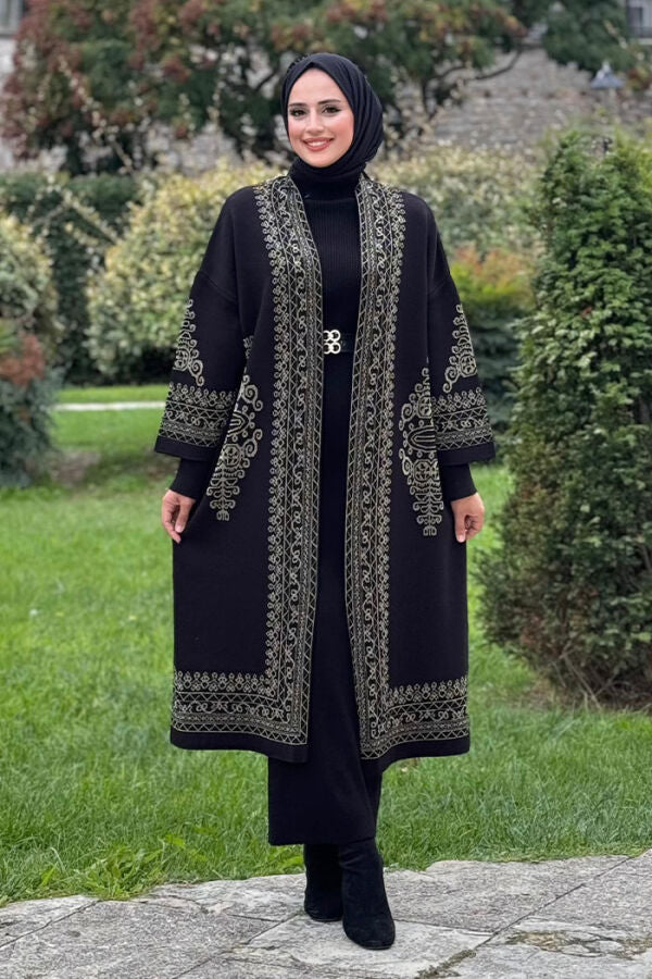 Glittery Ethnic Pattern Embroidered Detailed Knitwear Cardigan 18189