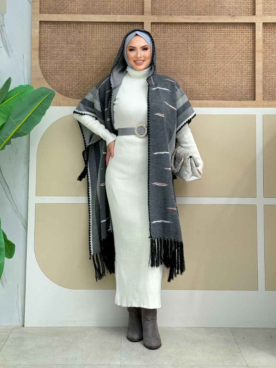 Hooded Tassel Detailed Knitwear Poncho 1606