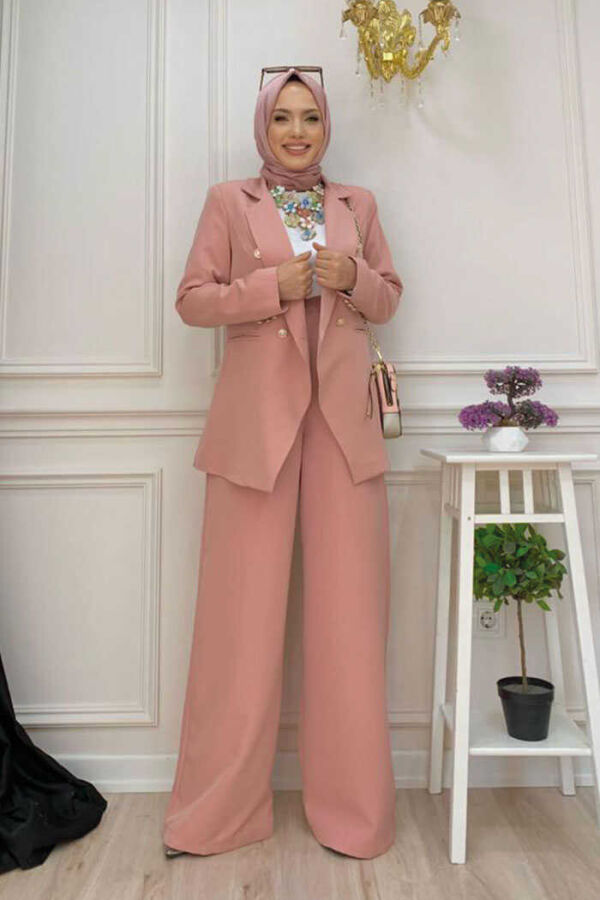 Button Detail Blazer Jacket Wide Trousers Set 8302