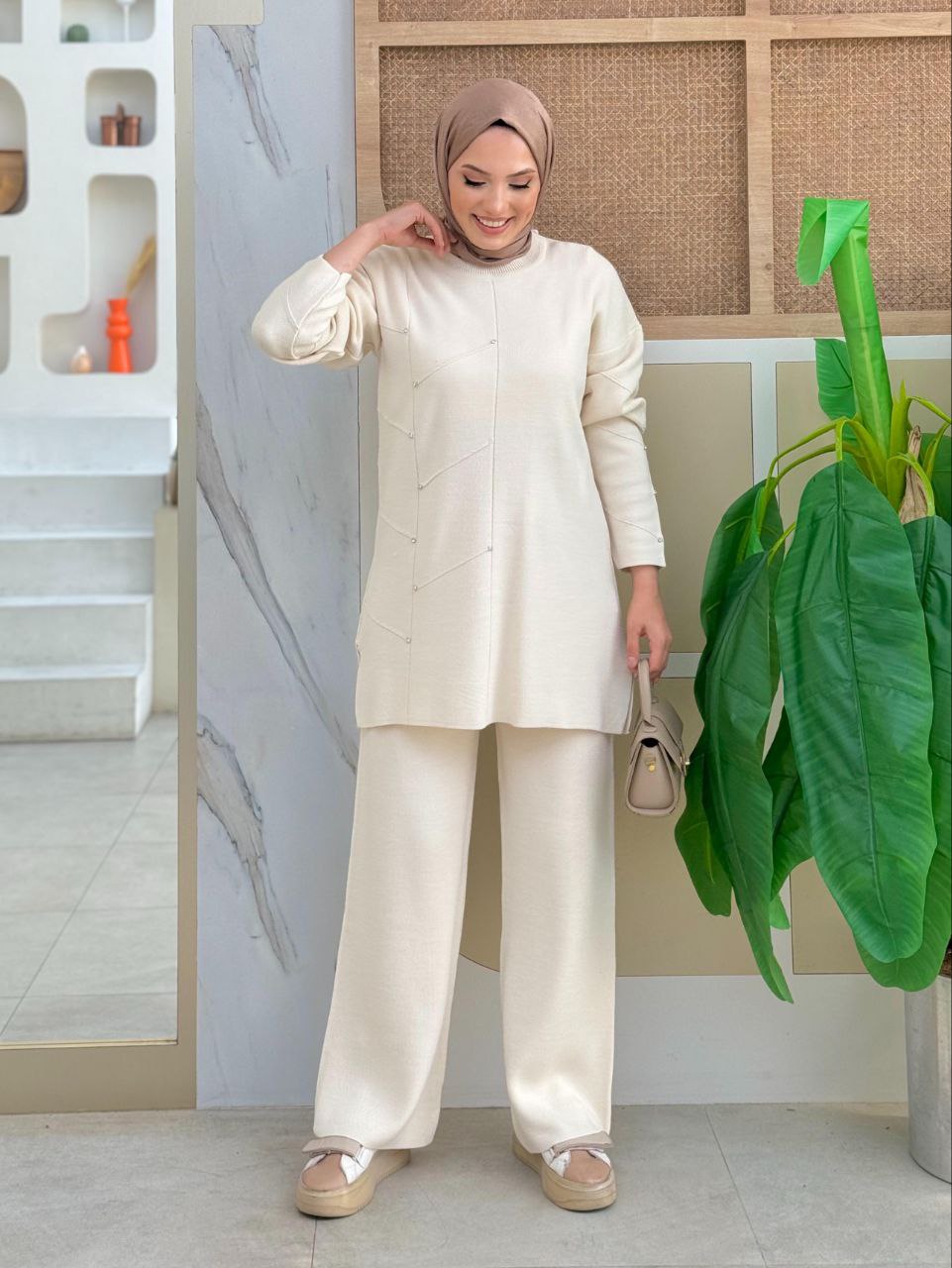 Stone Detailed Tunic and Trousers Double Knitwear Set 2-1545