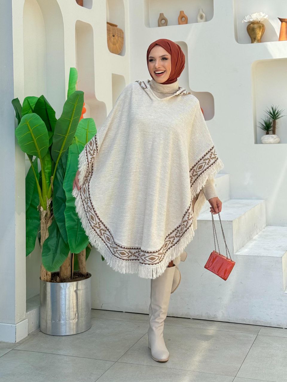 Hooded Ethnic Pattern Detailed Tassel Knitwear Poncho 12096