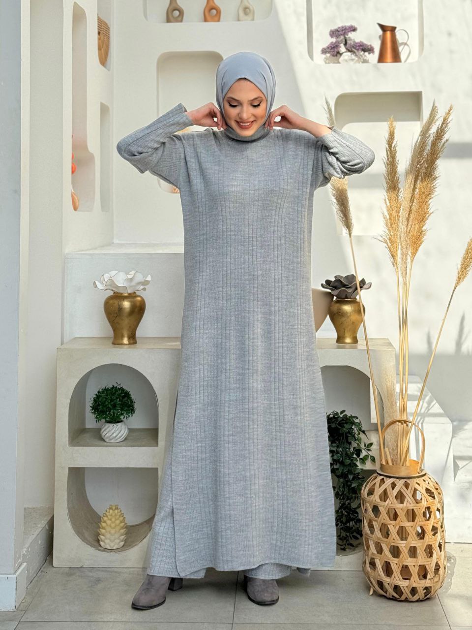 Turtleneck Slit Long Tunic and Trousers Double Knitwear Set 2-6001