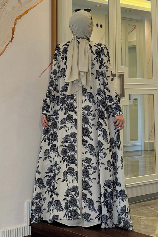 Tied Neck Floral Patterned Abaya Dress Set 3907