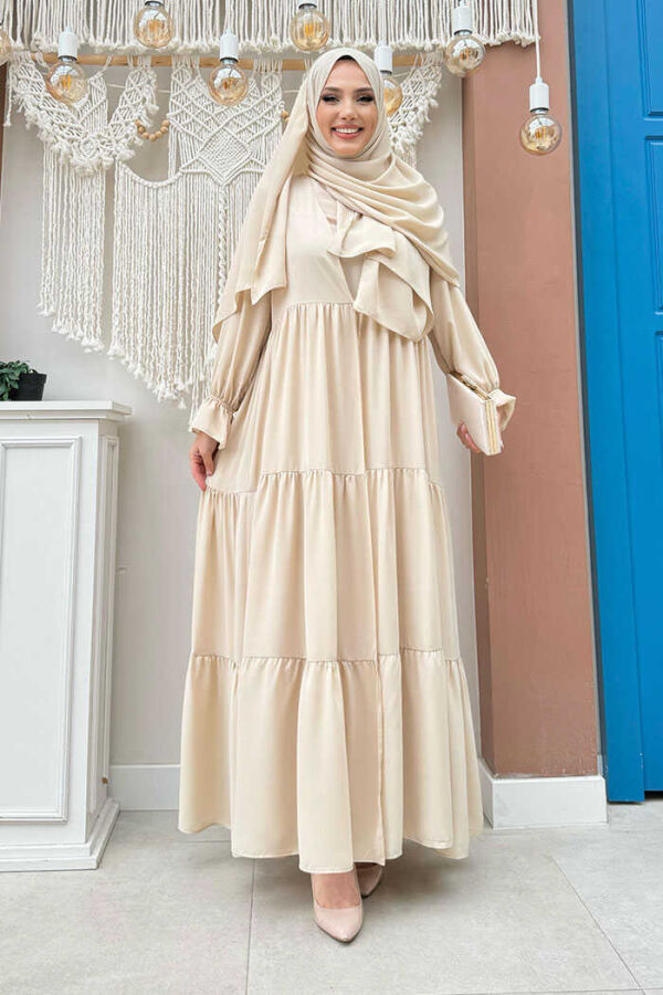 Elasticated Sleeve Layered Abaya Dress Set 3859