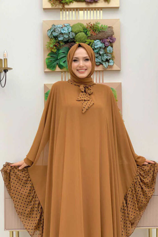 Spotted Collar Detail Chiffon Cape Dress Set 3643