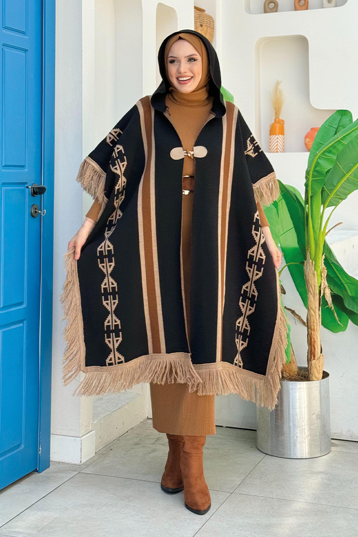 Single Button Detailed Hooded Tassel Knitwear Poncho 12022