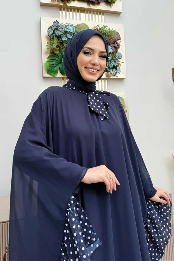 Spotted Collar Detail Chiffon Cape Dress Set 3643