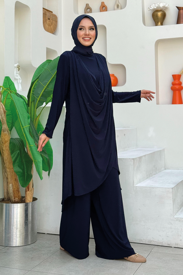 Shawl Collar Biased Asymmetric Cut Trouser Tunic Set 8552