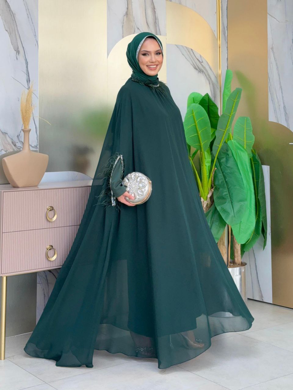 Tassel Collar Stone Detailed Abaya Dress Set 8494