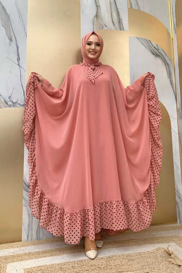 Spotted Collar Detail Chiffon Cape Dress Set 3643