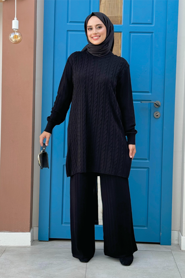 Knitted Pattern Throat Detailed Tunic Double Knitwear Suit 23310