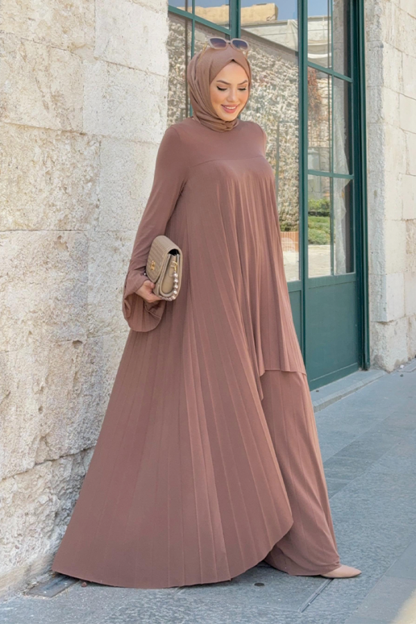 Pleated Detailed Long Tunic and Trousers Double Set 8575