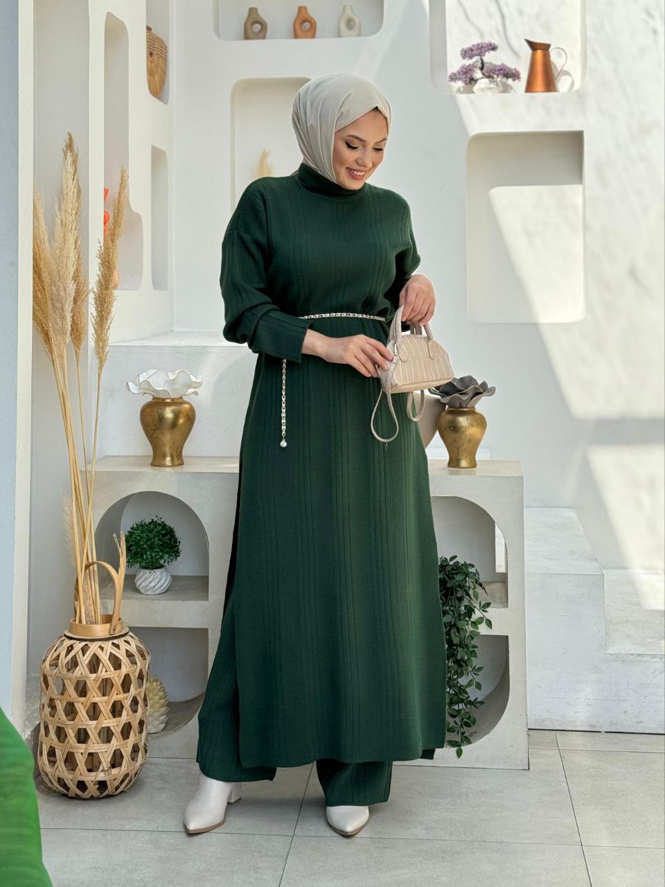 Turtleneck Slit Long Tunic and Trousers Double Knitwear Set 2-6001