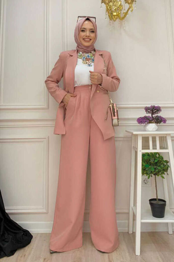 Button Detail Blazer Jacket Wide Trousers Set 8302