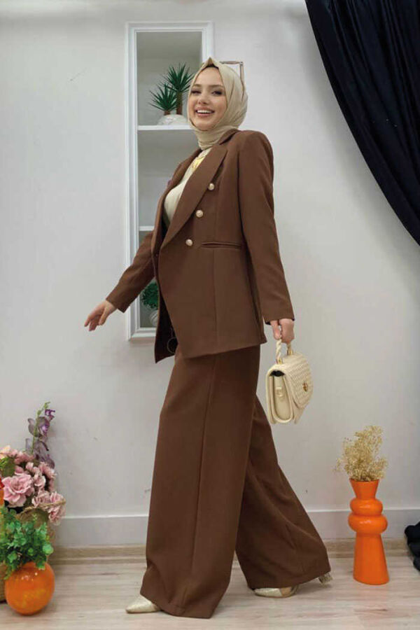 Button Detail Blazer Jacket Wide Trousers Set 8302