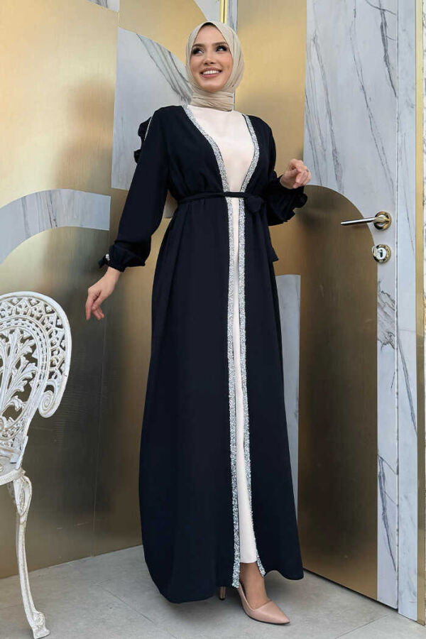 Frilled Sleeve Stone Detail Abaya Suit 8484