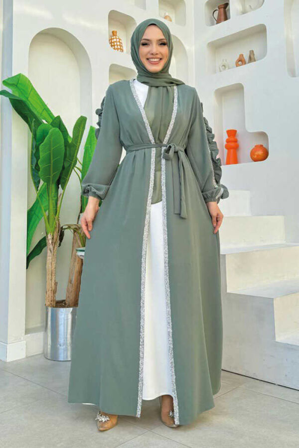 Frilled Sleeve Stone Detail Abaya Suit 8484