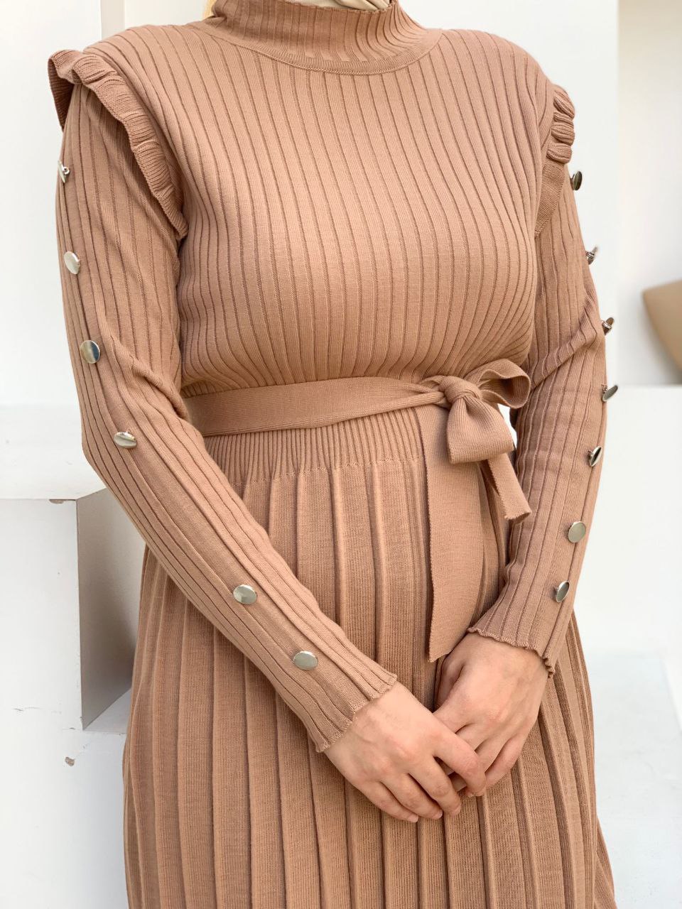 Metal Stud Detail on Sleeves, Ruffle on Shoulders, Half Neck, Self-Stripe Look Knitwear Dress 22204