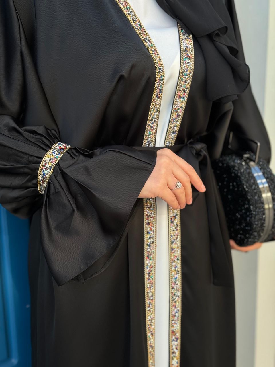 Stone Embroidery Detailed Belted Dress Abaya Suit 3860