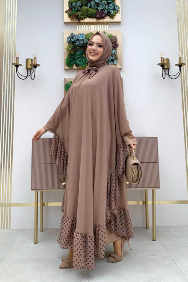 Spotted Collar Detail Chiffon Cape Dress Set 3643