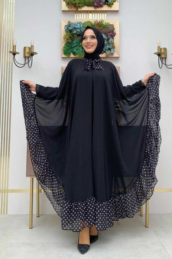 Spotted Collar Detail Chiffon Cape Dress Set 3643