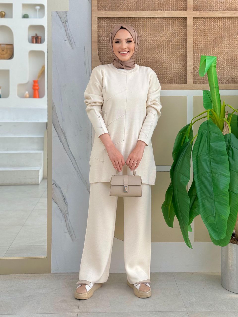 Stone Detailed Tunic and Trousers Double Knitwear Set 2-1545