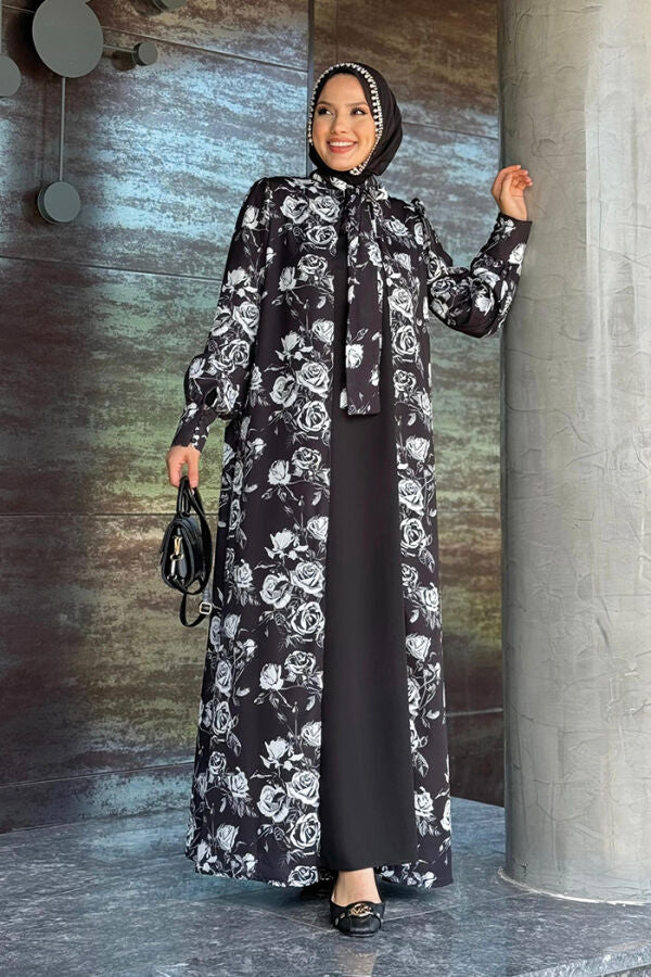 Tied Neck Floral Patterned Abaya Dress Set 3907