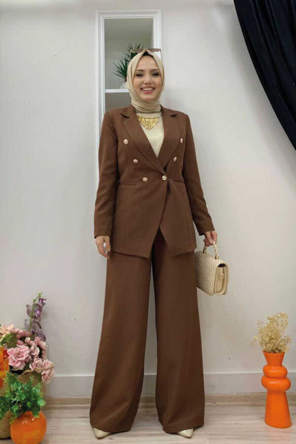 Button Detail Blazer Jacket Wide Trousers Set 8302