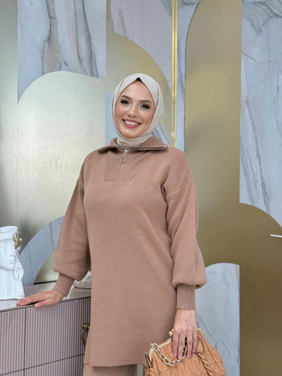 Zippered Collar Tunic and Trousers Double Knitwear Set 2-1535